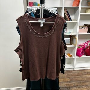 Sag Harbor Brown Tank Top With Beads Around Collar, 100% Cotton, Size 2x
